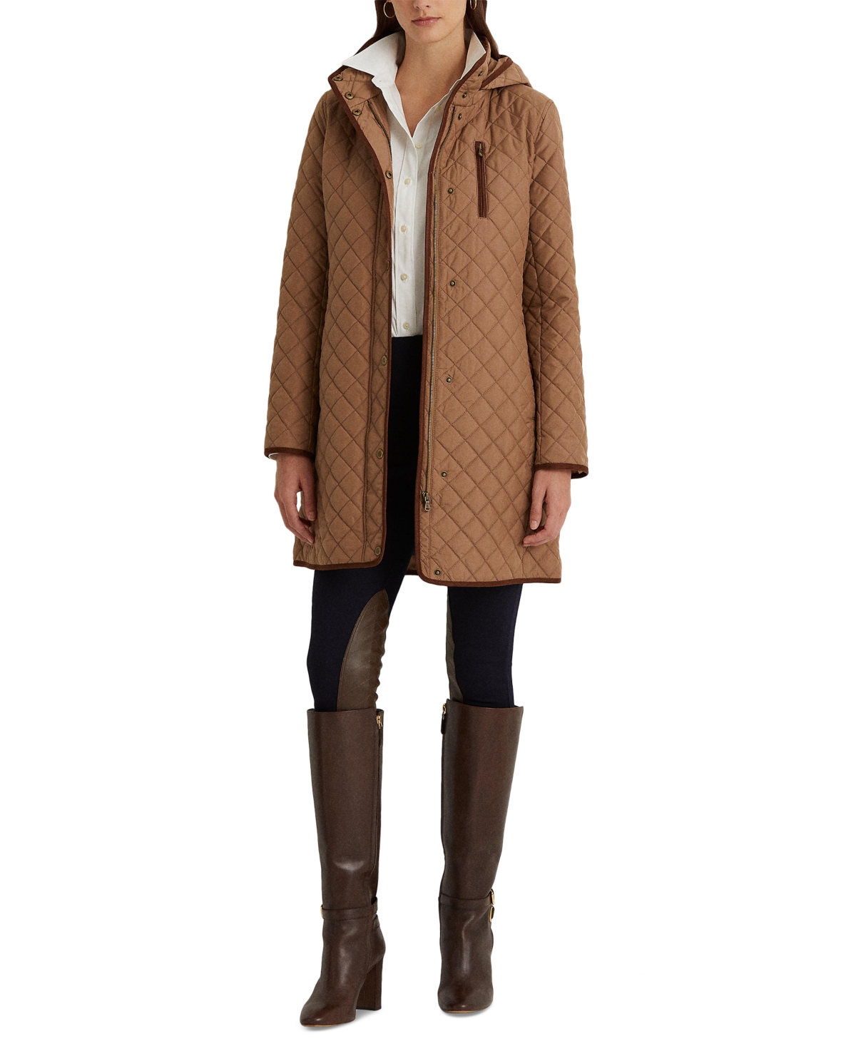 Ralph Lauren Petite Hooded Quilted Faux-suede-trim Coat In Classic Camel