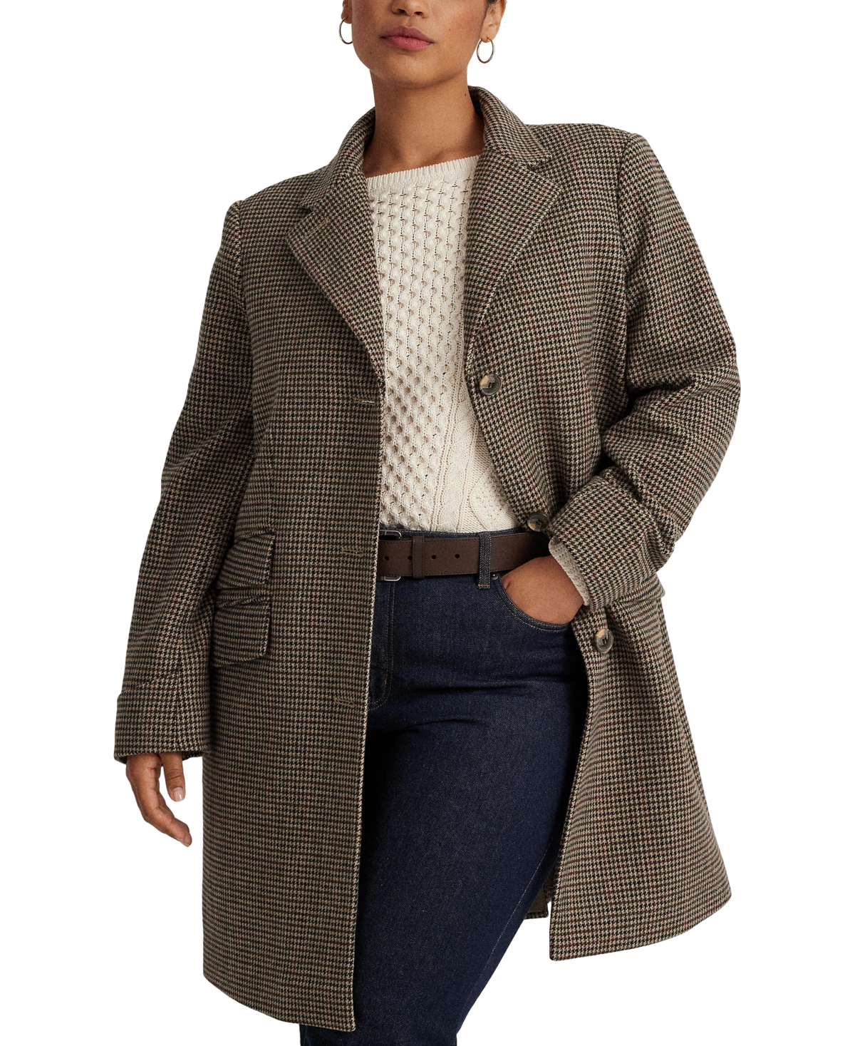 Shop Lauren Ralph Lauren Women's Plus Size Notched-collar Walker Coat In Merlot Houndstooh