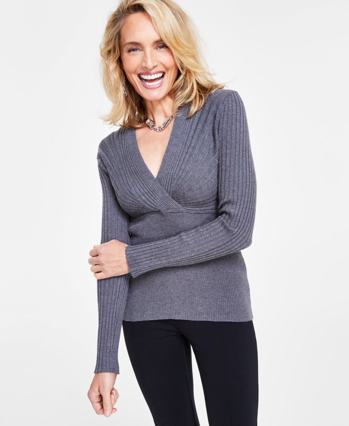 Women's Ribbed Surplice Pullover Sweater, Created for Macy's - Medium Heather Grey