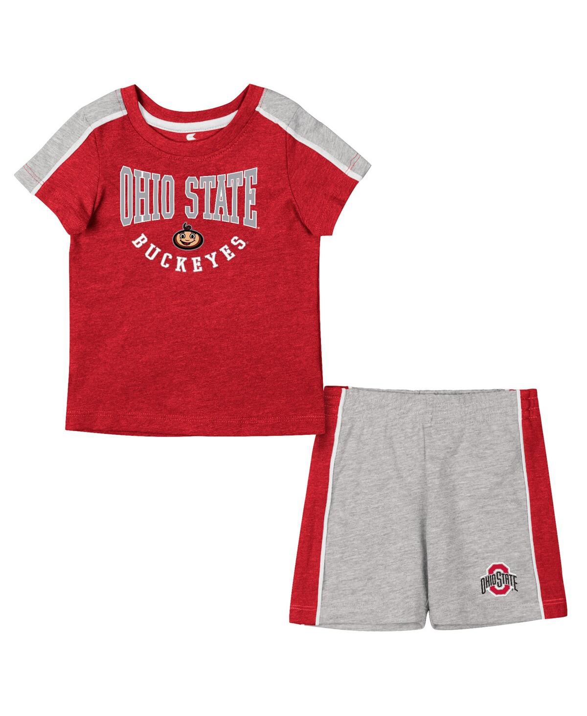 Colosseum Infant Boys And Girls  Scarlet, Heather Gray Ohio State Buckeyes Norman T-shirt And Shorts In Scarlet,heather Gray