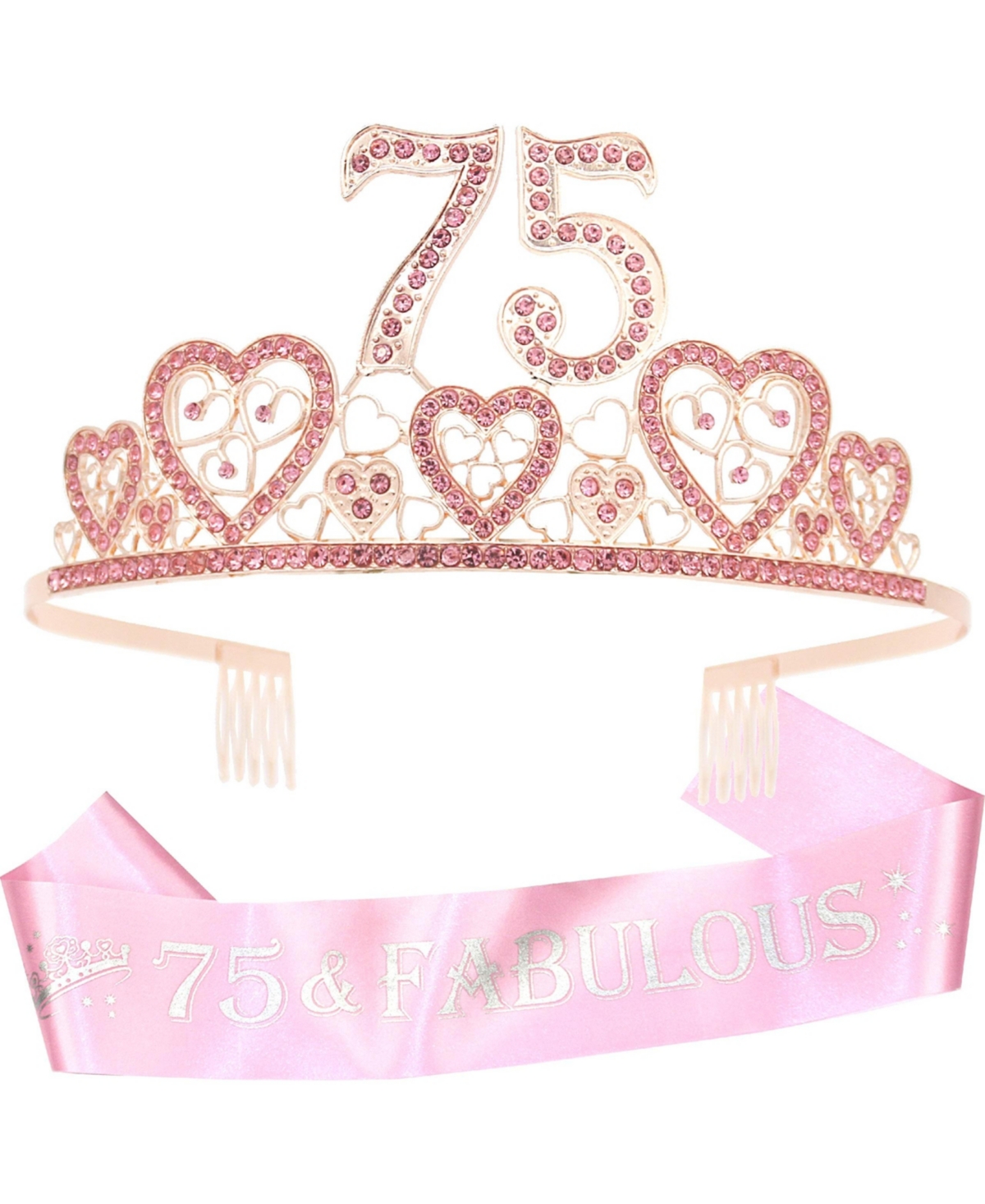 VeryMerryMakering 75th Birthday Sash and Tiara for Women - Fabulous Glitter Sash + Hearts Rhinestone Premium Metal Tiara for Her, 75th Birthday Gifts
