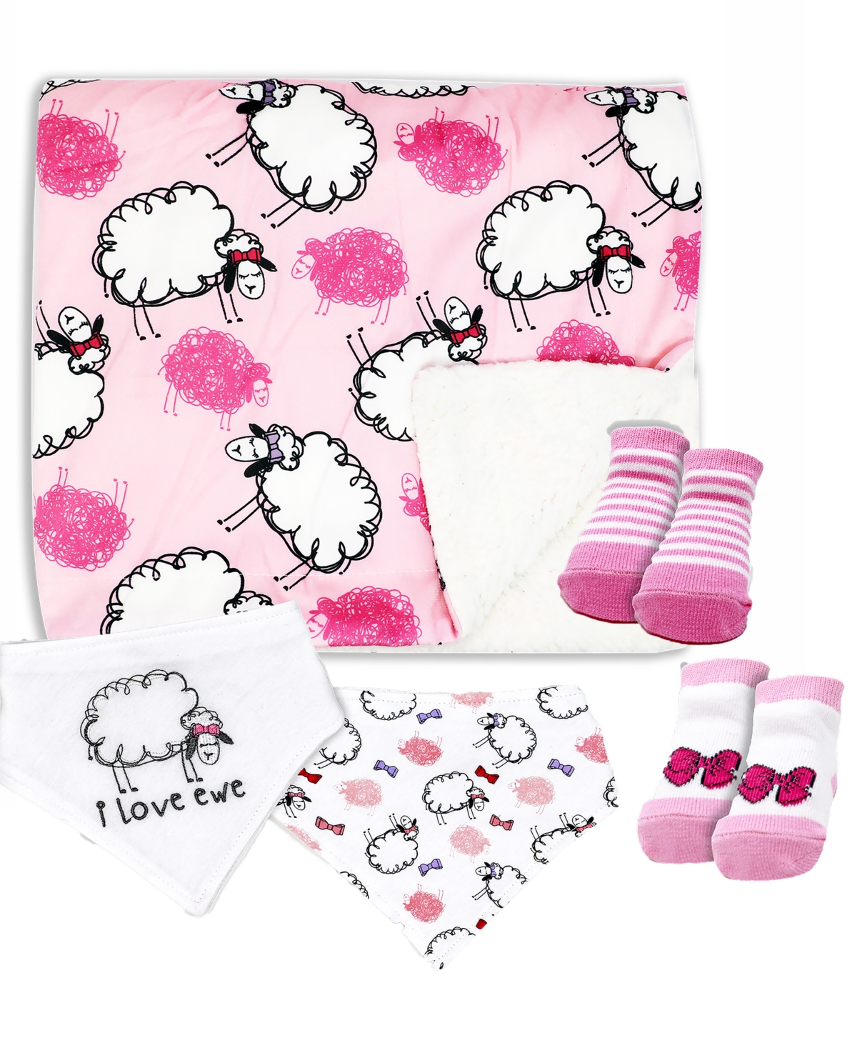Baby Mode Baby Girls Minky Blanket, Bibs And Socks, 5 Piece Set In Fuchsia Sheep