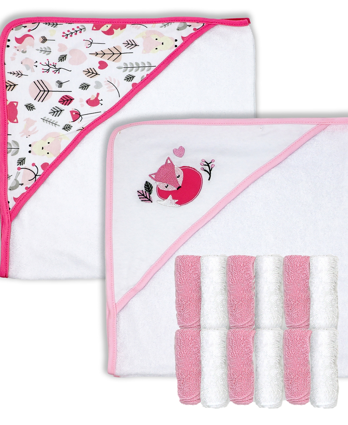 Baby Mode Baby Girls Hooded Towel And Washcloth, 14 Piece Set In Pink