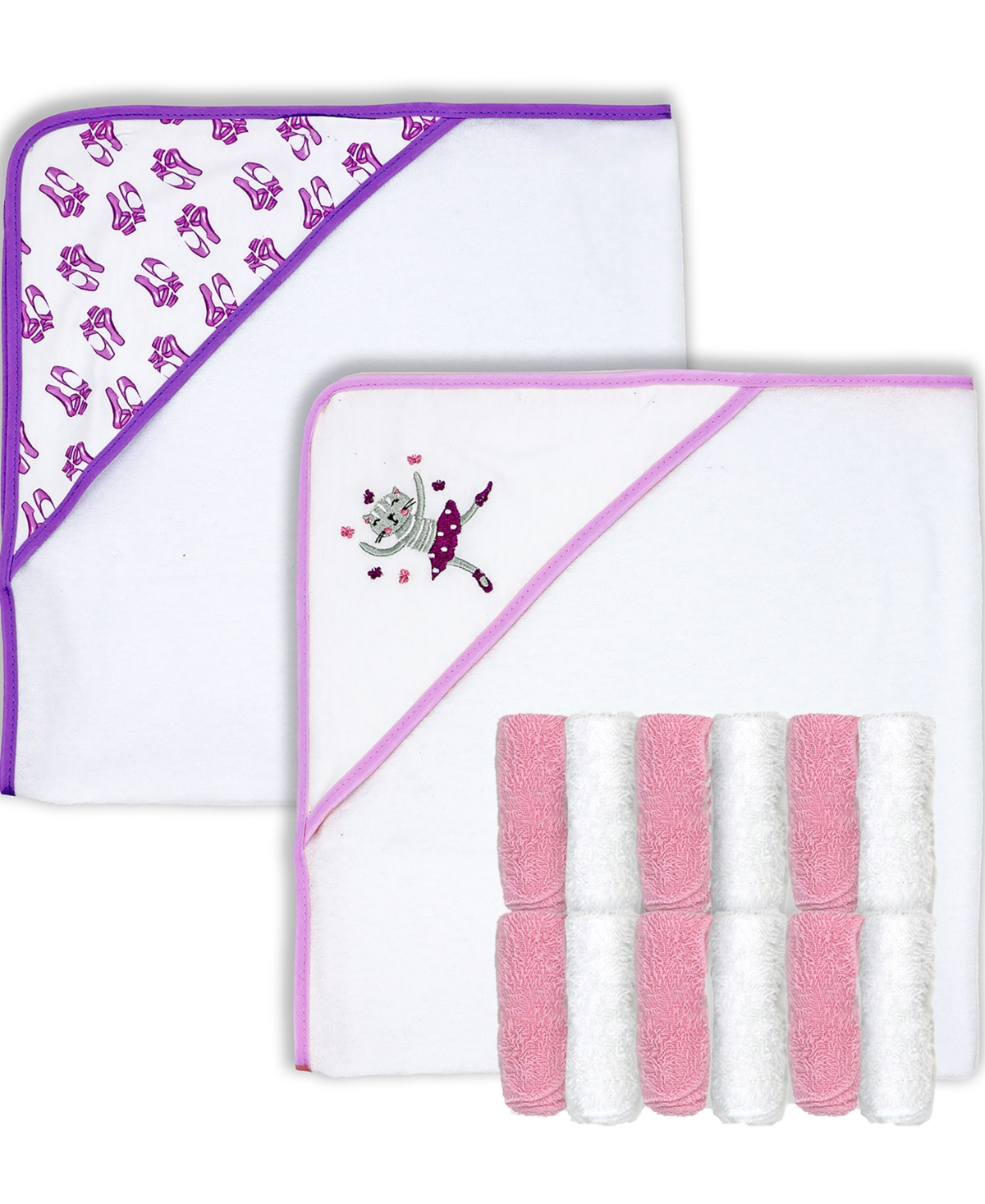 Baby Mode Baby Girls Hooded Towel And Washcloth, 14 Piece Set In Lilac And Pink