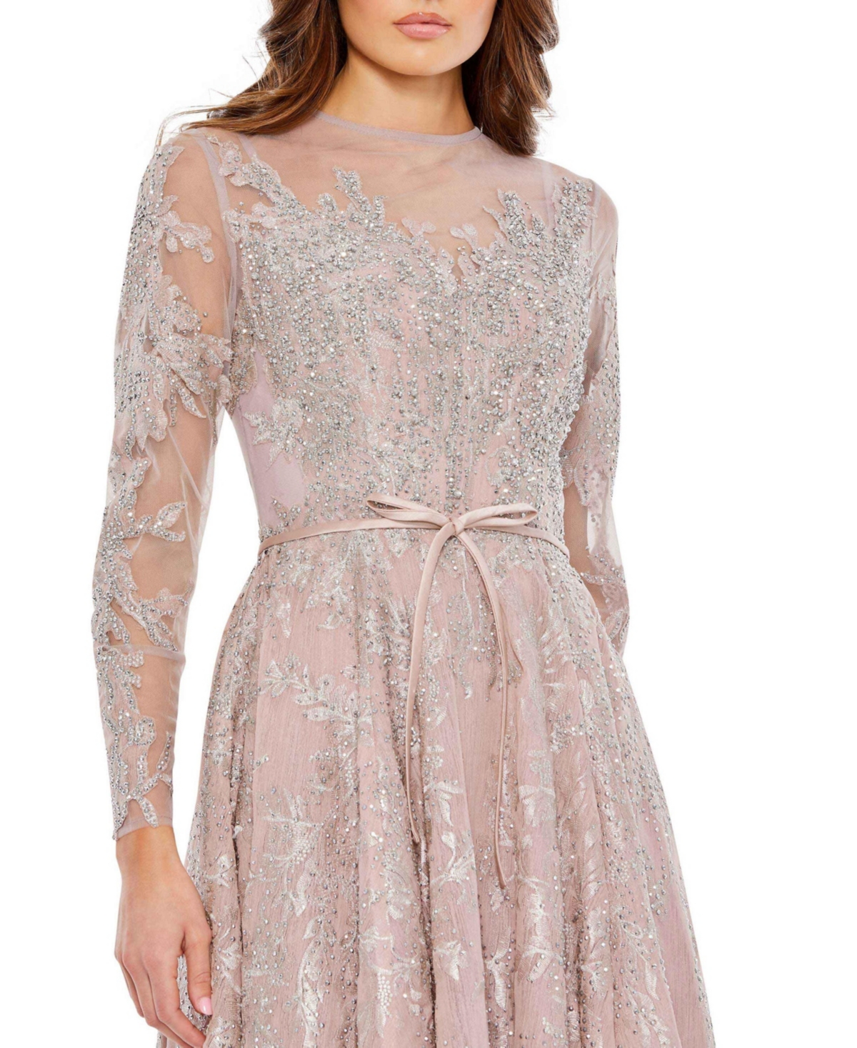 Mac Duggal Women's Embellished Bow Belt Illusion Long Sleeve A Line Dress