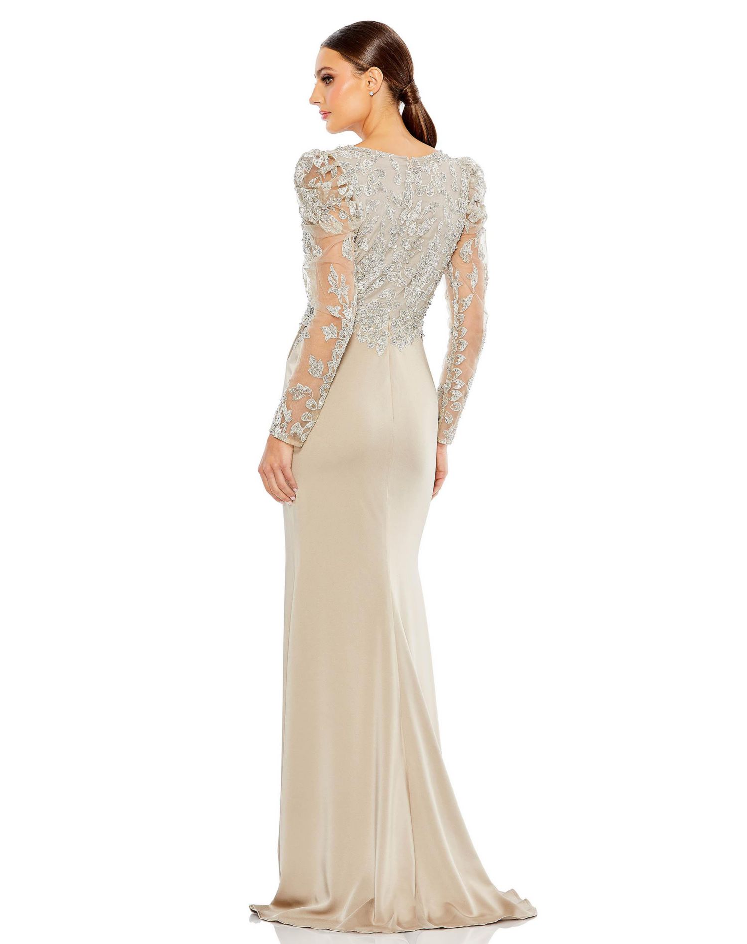 Women's Embellished Faux Wrap Illusion Puff Sleeve Gown