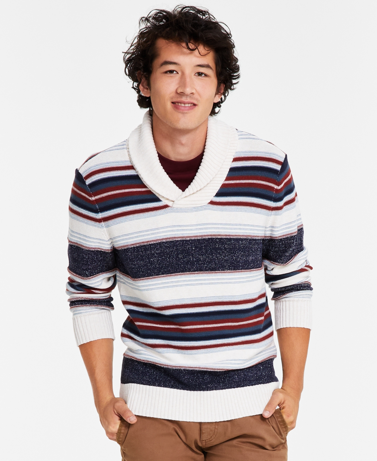 Men's Blanket Stripe Shawl Sweater, Created for Macy's - Pebble Heather