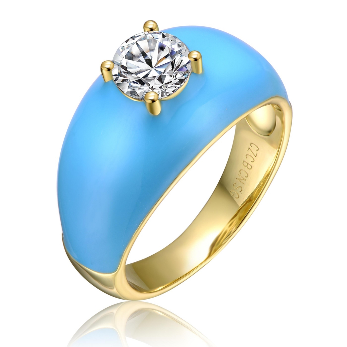 Rachel Glauber Ra Young Adults/Teens 14k Yellow Gold Plated with Cubic Zirconia Solitaire Blue Enamel Dome Ring -Pastel Blue