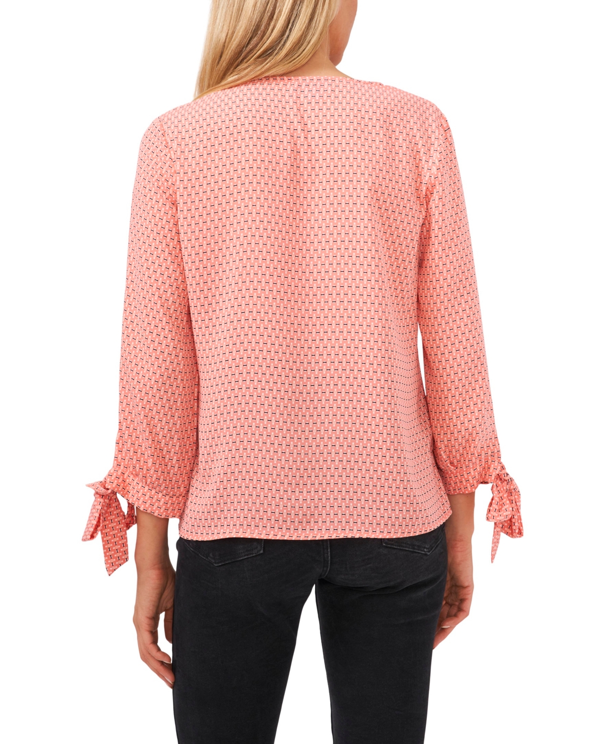 CeCe Women's Long Sleeve Garden Geo Tie Sleeve Blouse