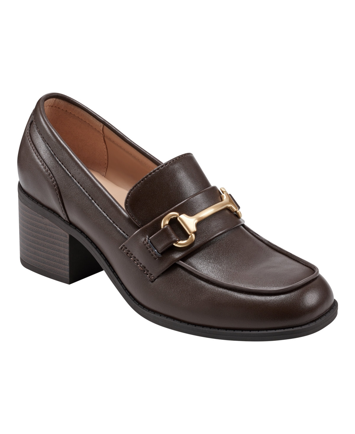 Women's Mayble Block Heel Hardware Detail Loafers - Dark Brown - Faux Leather - Polyurethane