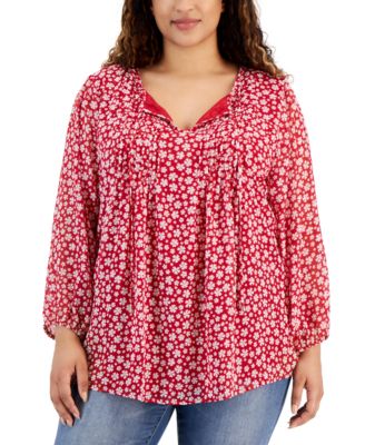Tommy Hilfiger - Plus Size Printed Pintuck Tie-Neck Blouse