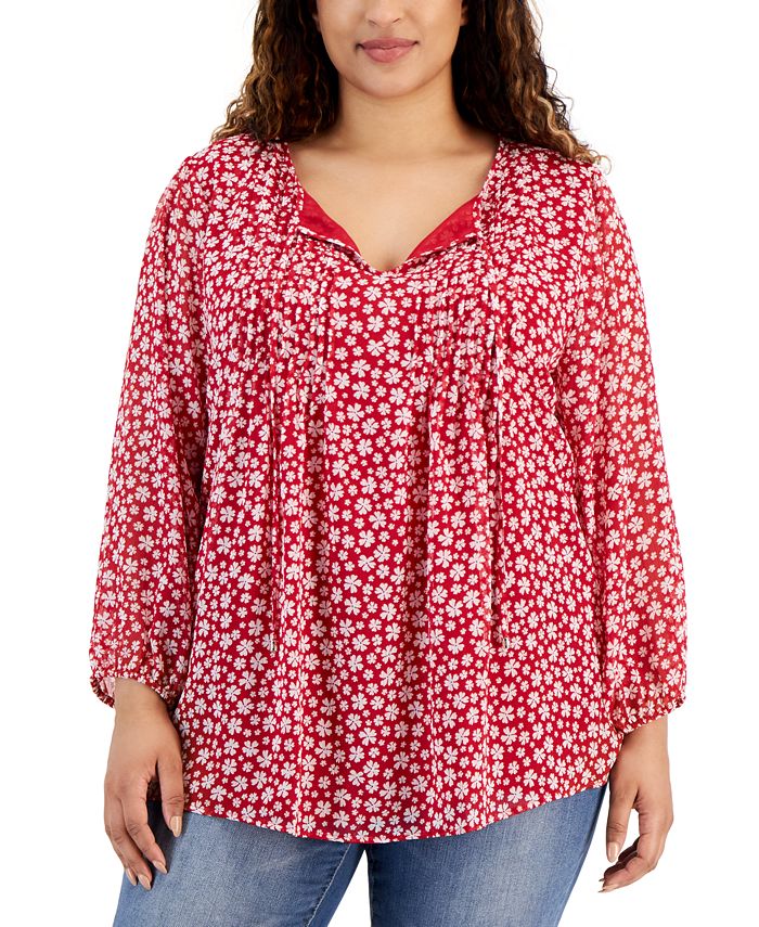 Tommy Hilfiger Plus Size Printed Pintuck Tie-Neck Blouse - Macy's