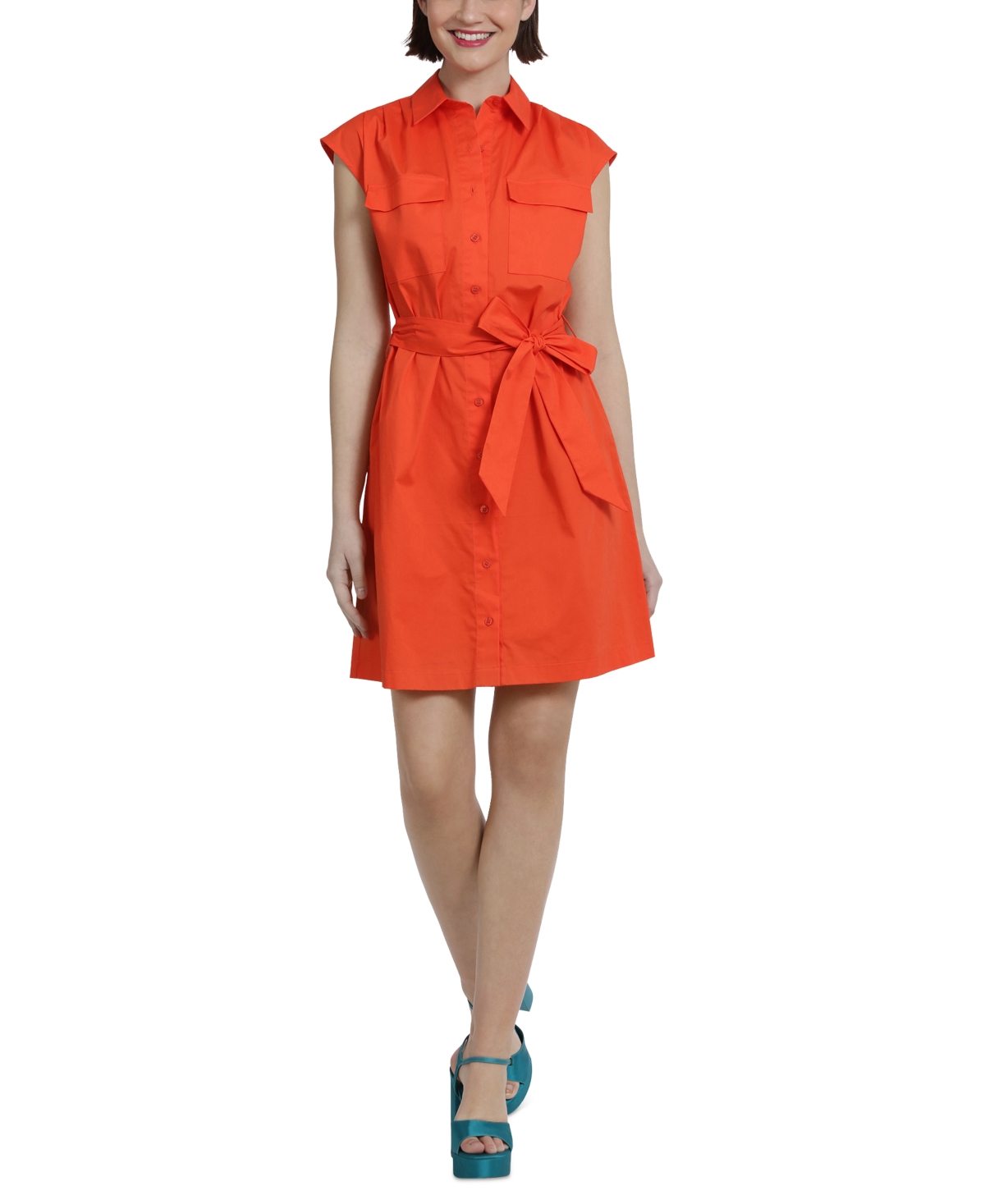 Shop Donna Morgan Cotton Button-front Shirt Dress In Tiger Lily