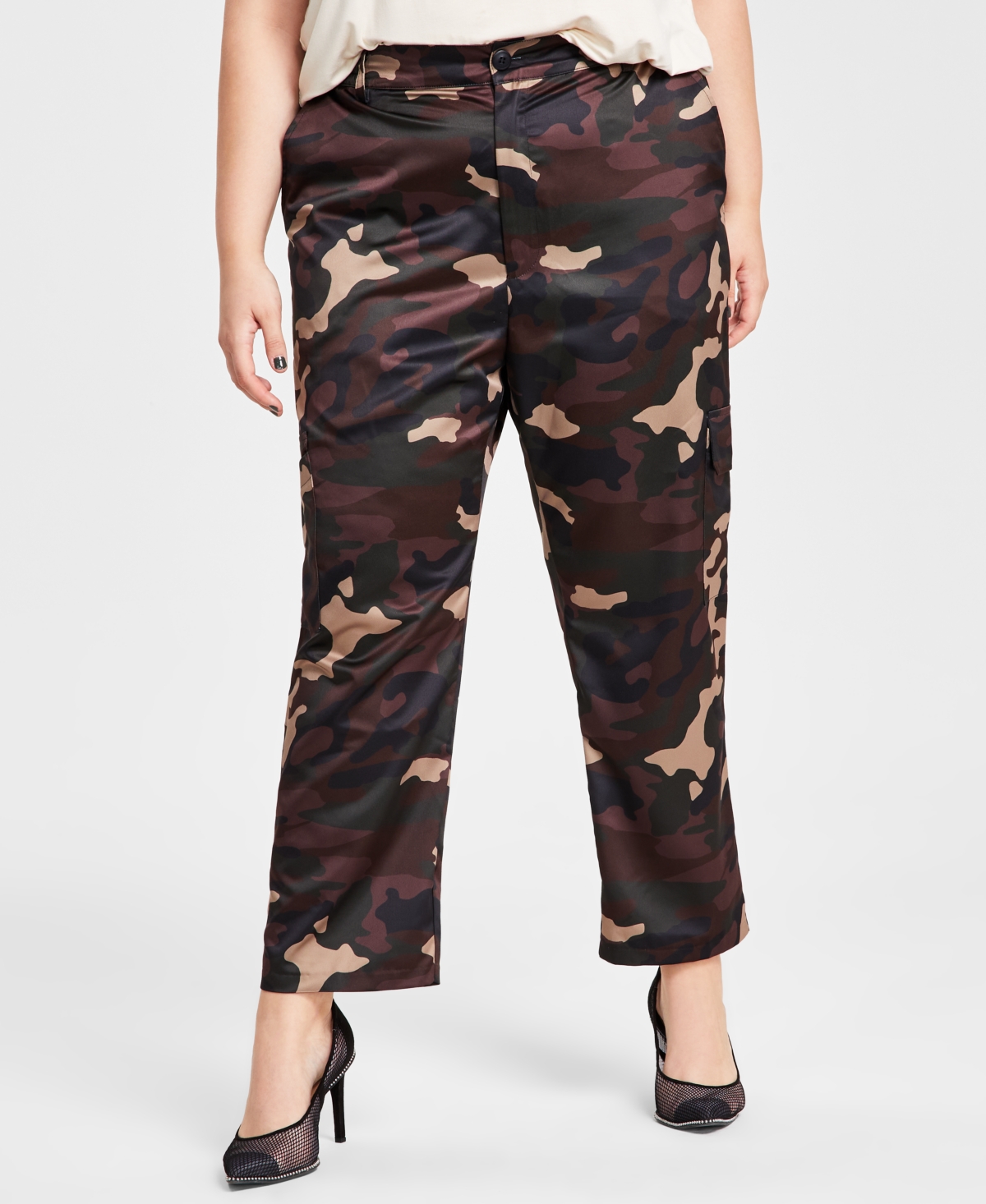 Bar Iii Trendy Plus Size Satin Camo-print Cargo Pants, Created For Macy's In Camilla Camo