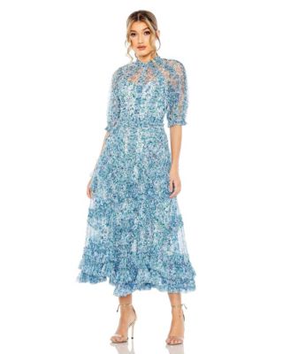Mac Duggal Women's Mesh Puff Sleeve Floral Print Dress - Macy's