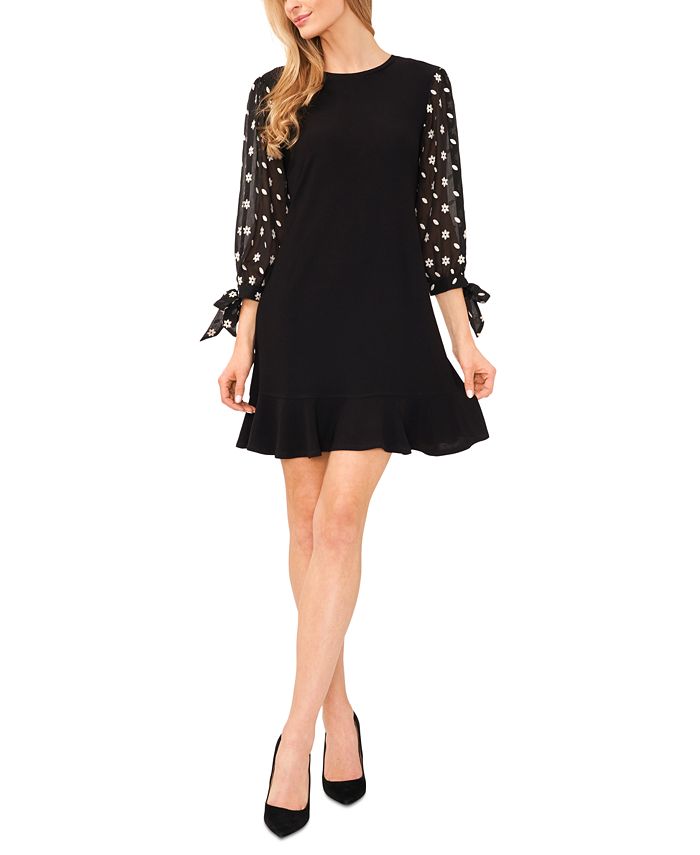 CeCe Women's Long Sleeve Mixed-Media Tie-Sleeve Dress - Macy's