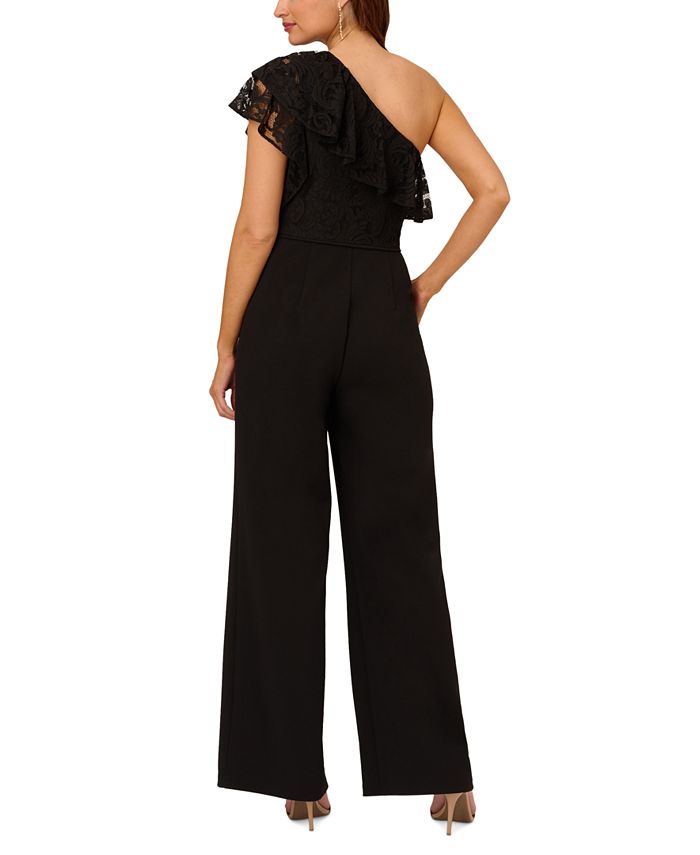 Adrianna Papell Petite One-Shoulder Lace-Bodice Jumpsuit - Macy's
