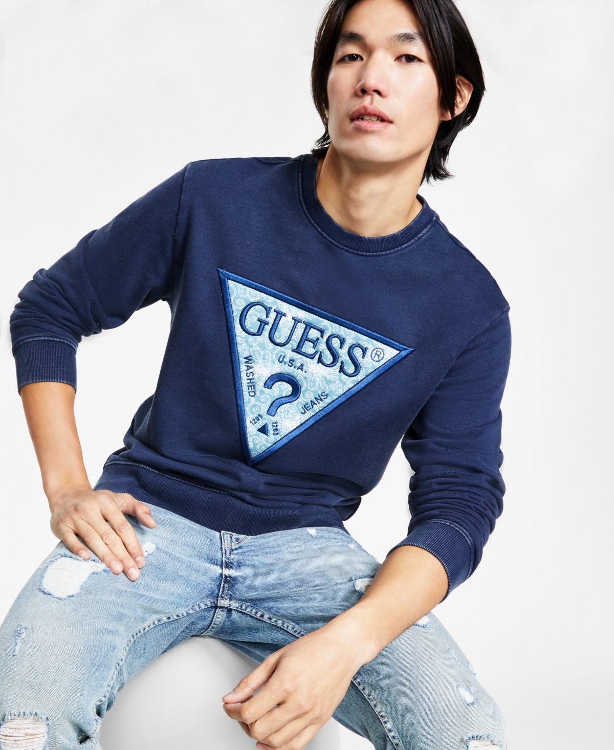 Guess Men's Triangle Logo-print Crewneck Sweatshirt In Smart Blue