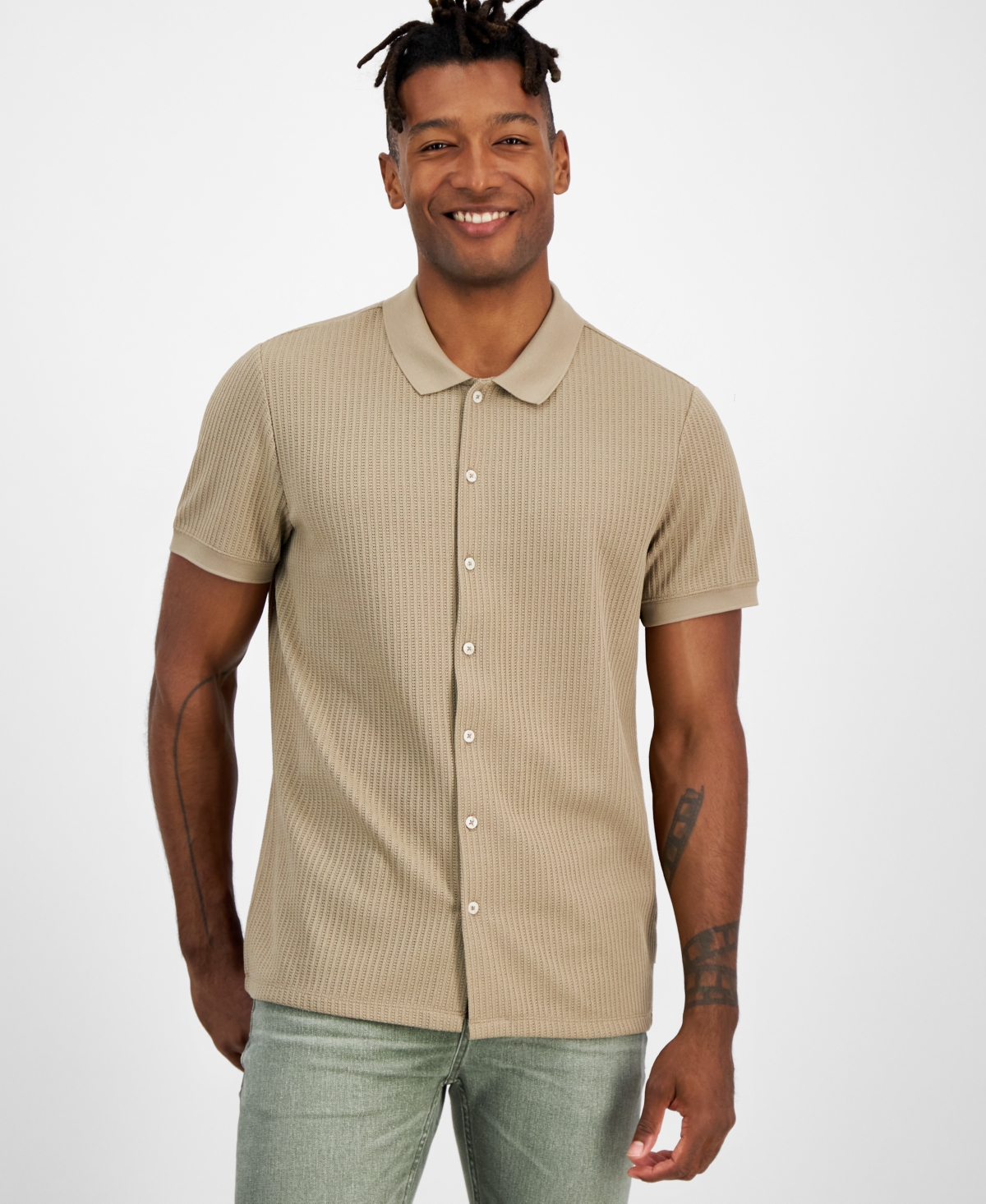 Guess Men's Pointelle Short Sleeve Knit Shirt In Thermal Clay