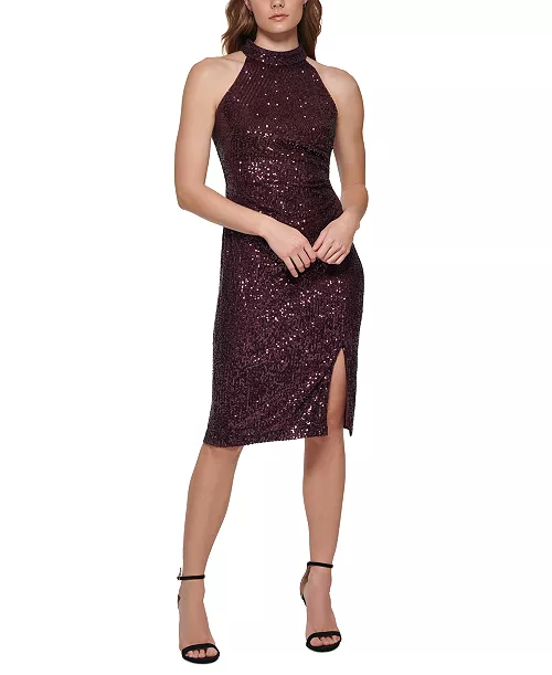 women's halter-neck sequin midi dress