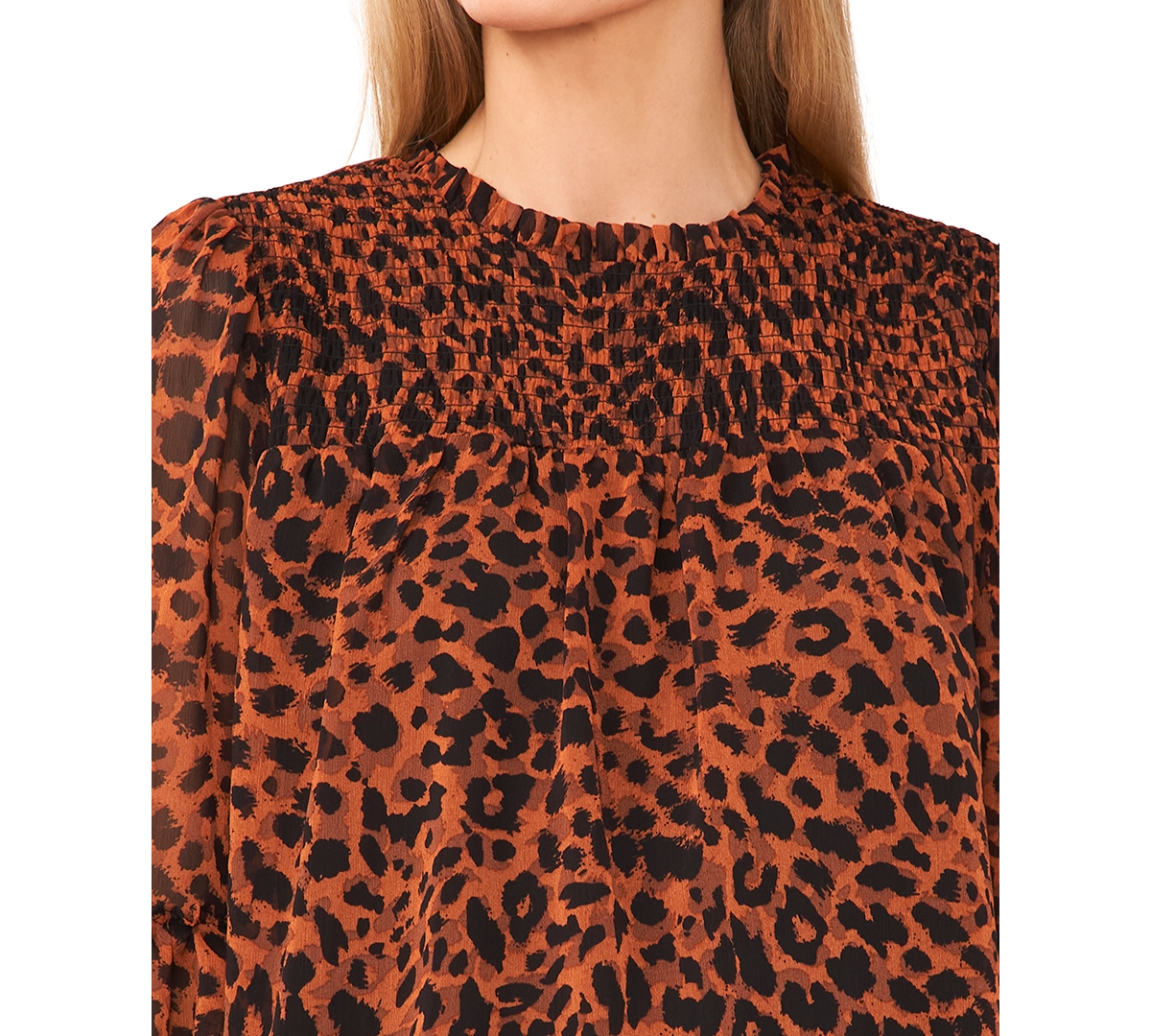 CeCe Women s Animal Print Long Sleeve Smocked Blouse Mocha