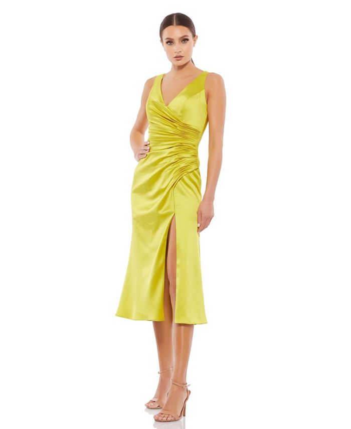 Mac Duggal Women's Ieena Satin Ruched V Neck Faux Wrap Midi Dress - Macy's