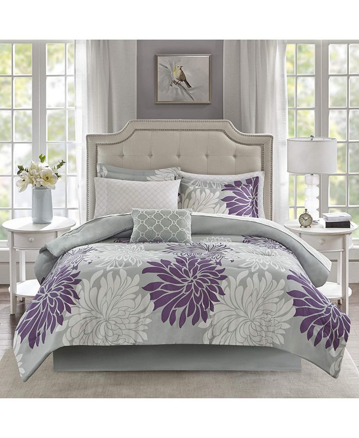 Gracie Mills Willie 9Piece Purple Floral Comforter Set with Cotton Bed