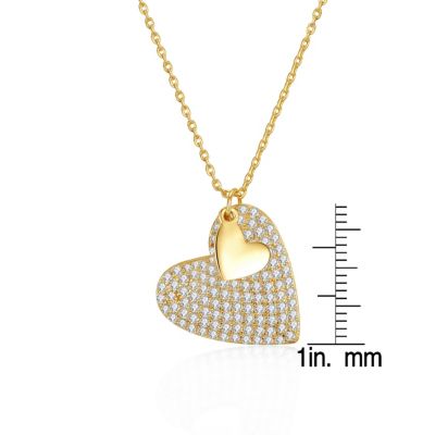 Sterling Silver 14k Yellow Gold Plated with  Cubic Zirconia Pave Double Dangle Heart Charm Pendant Layering Necklace
