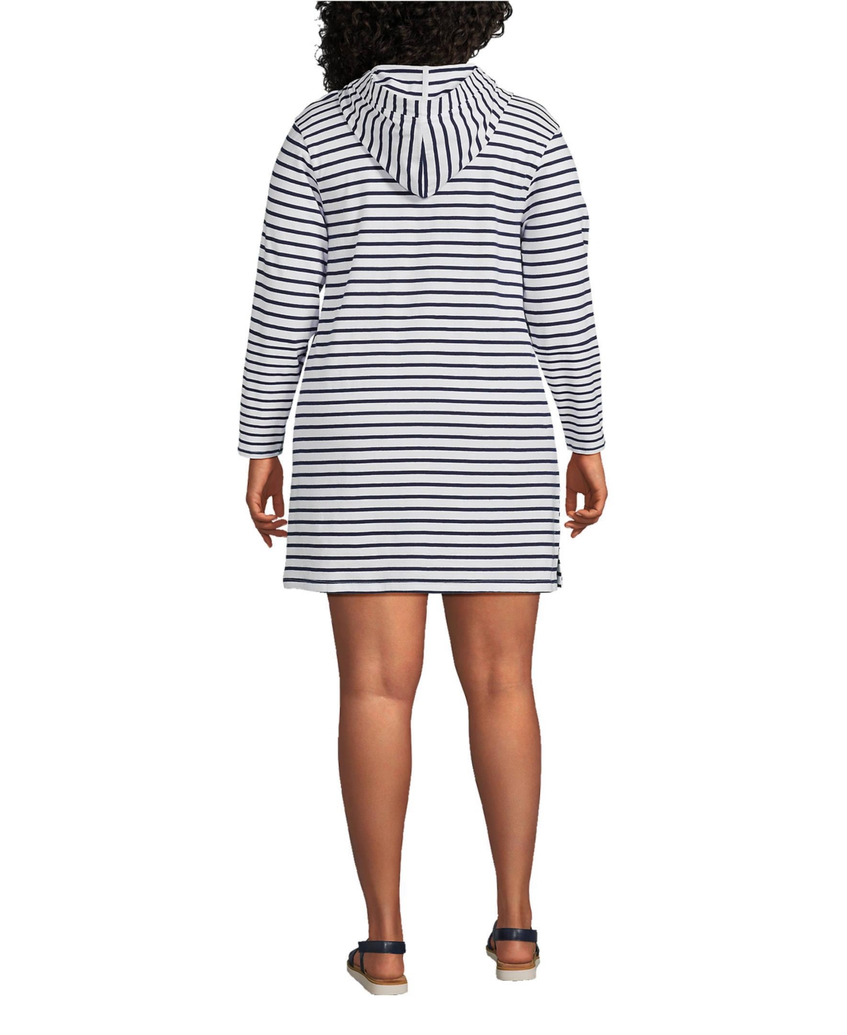 Lands' End Plus Size Cotton Jersey Long Sleeve Hooded Swim Cover-up Dress -deep sea stripe