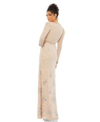 Mac Duggal Women's Sequined Floral Embellished Long Sleeve Gown - Macy's