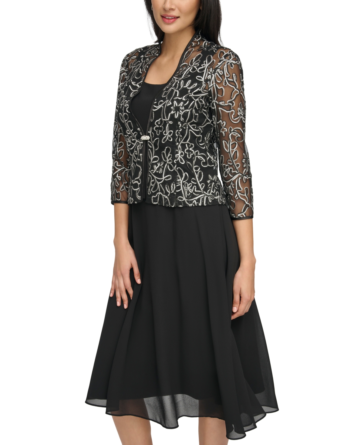 Jessica Howard Women's Soutache Jacket & Chiffon Dress - Black White |  Smart Closet