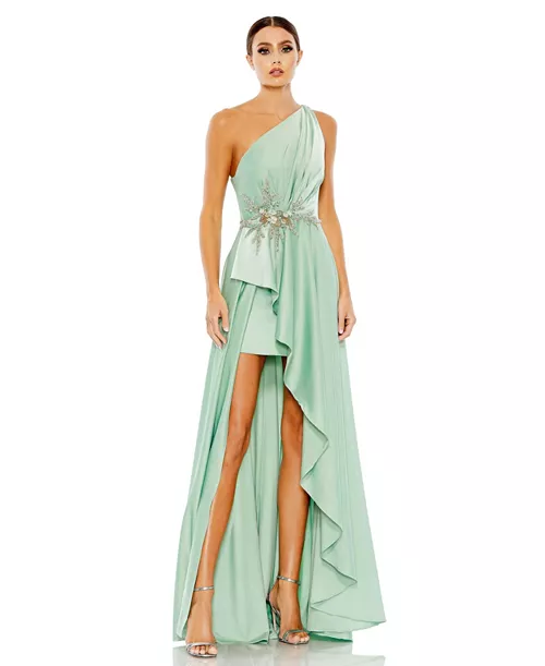 women's embellished one shoulder asymmetrical gown