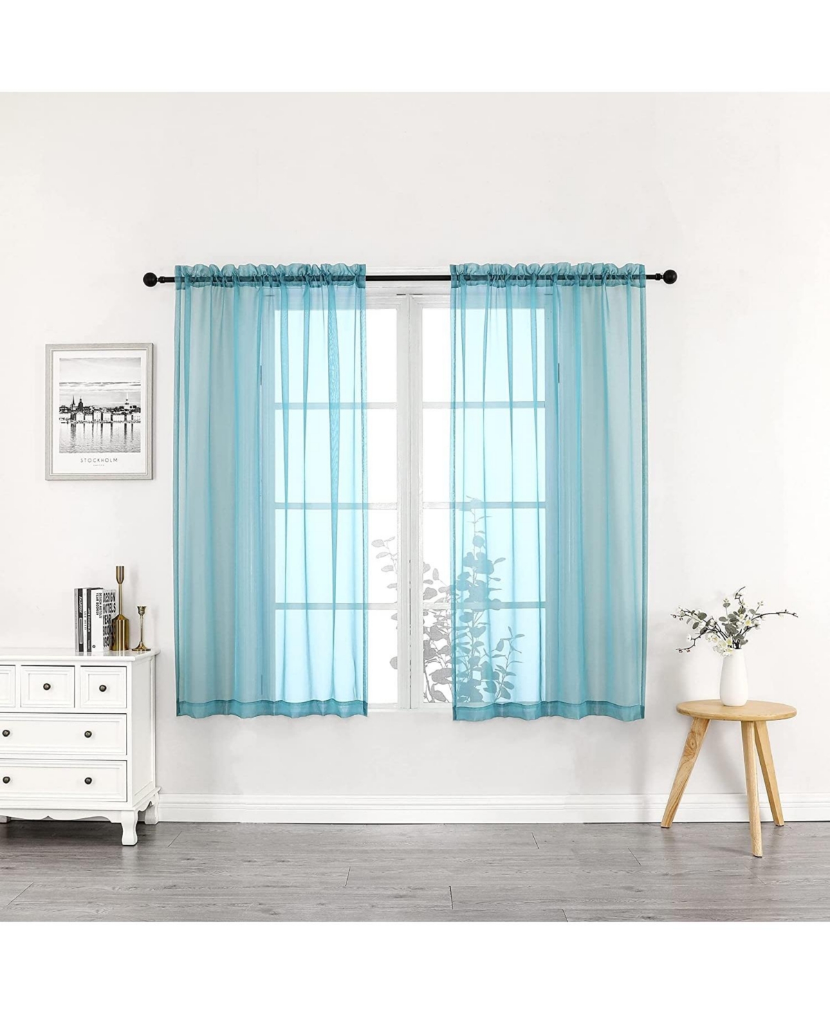 Basics Turquoise Blue 2 Piece Rod Pocket Translucent Sheer Voile Window Curtain Panels For Small Windows - 45 In. Long - Blue