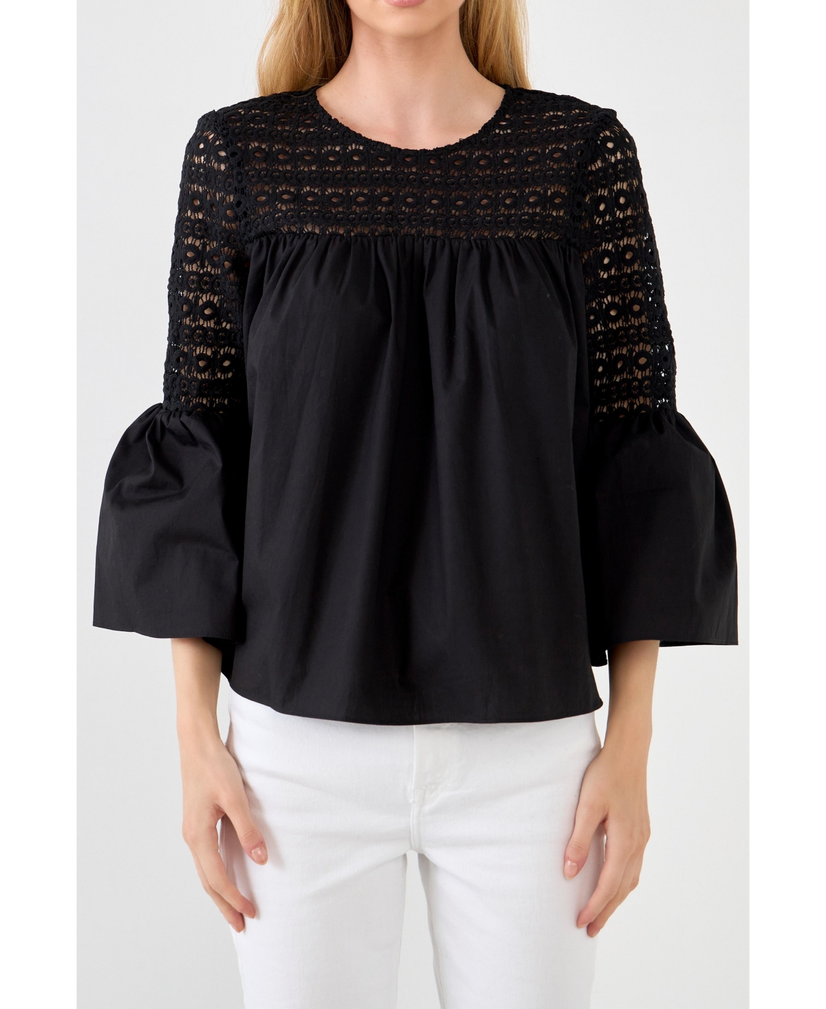 Endless Rose Lace Poplin Bell Sleeve Blouse In Black
