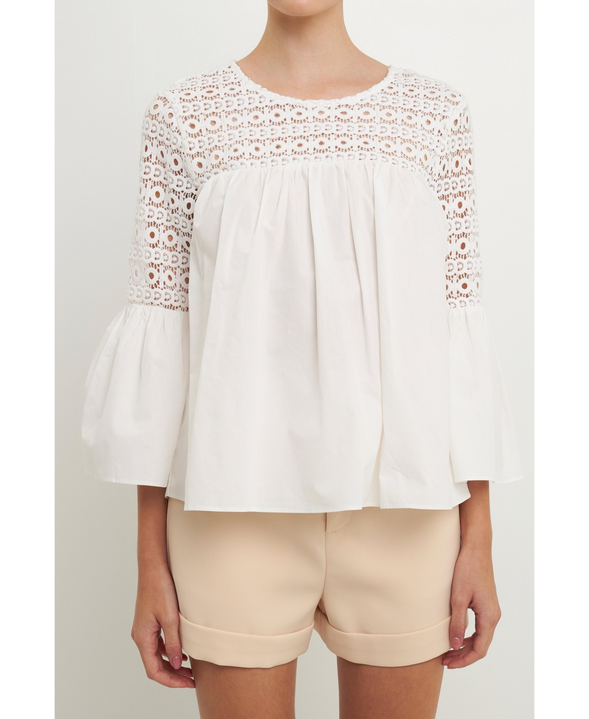 ENDLESS ROSE WOMEN'S LACE WITH POPLIN BELL SLEEVE BLOUSE