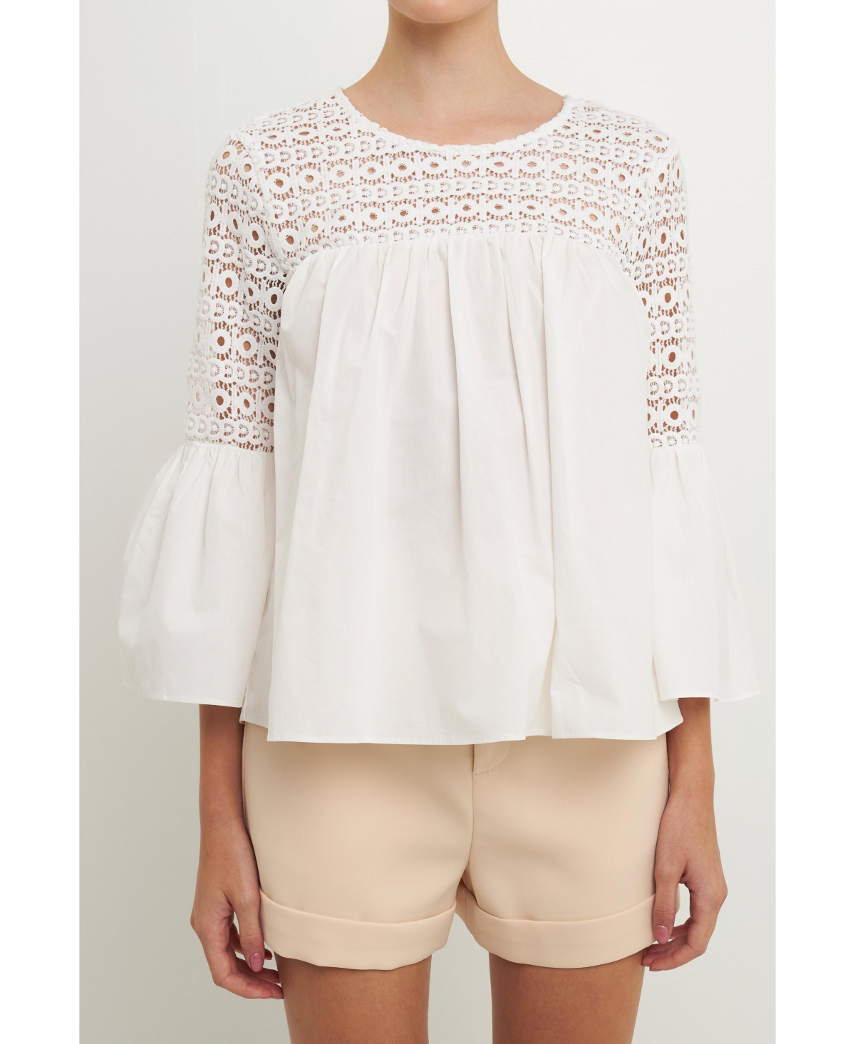 Shop Endless Rose Women's Lace With Poplin Bell Sleeve Blouse In White
