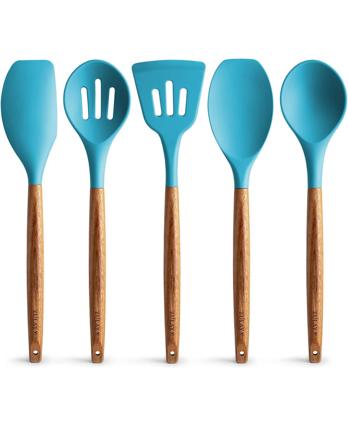 Zulay Kitchen 5 Piece Silicone Utensils Set With Authentic Acacia Wood Handles In Blue