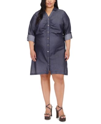 MICHAEL Michael Kors Plus Size Ruched-Front Roll-Tab-Sleeve Shirtdress ...