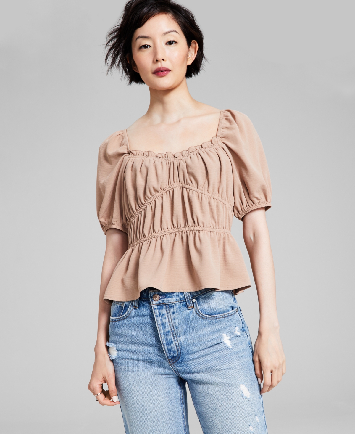 And Now This Women's Square-neck Short-puff-sleeve Top In Almond
