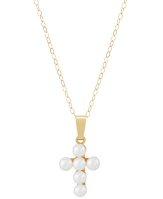 Macy's - Cultured Freshwater Pearl (3mm) Cross 15" Pendant Necklace in 14k Gold
