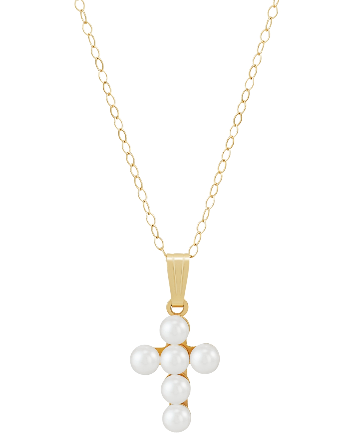 Macy's Cultured Freshwater Pearl (3mm) Cross 15" Pendant Necklace In 14k Gold In Yellow Gold