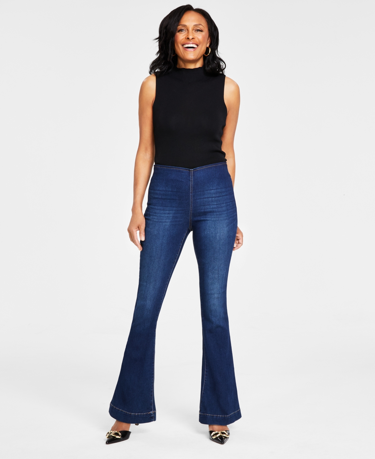 Inc International Concepts Women's High Rise Pull-on Flare Jeans, Created For Macy's In Medium Indigo