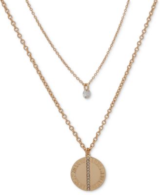 DKNY - Gold-Tone Cubic Zirconia & Pav&eacute;-Stripe Logo Disc Layered Pendant Necklace, 16" + 3" extender
