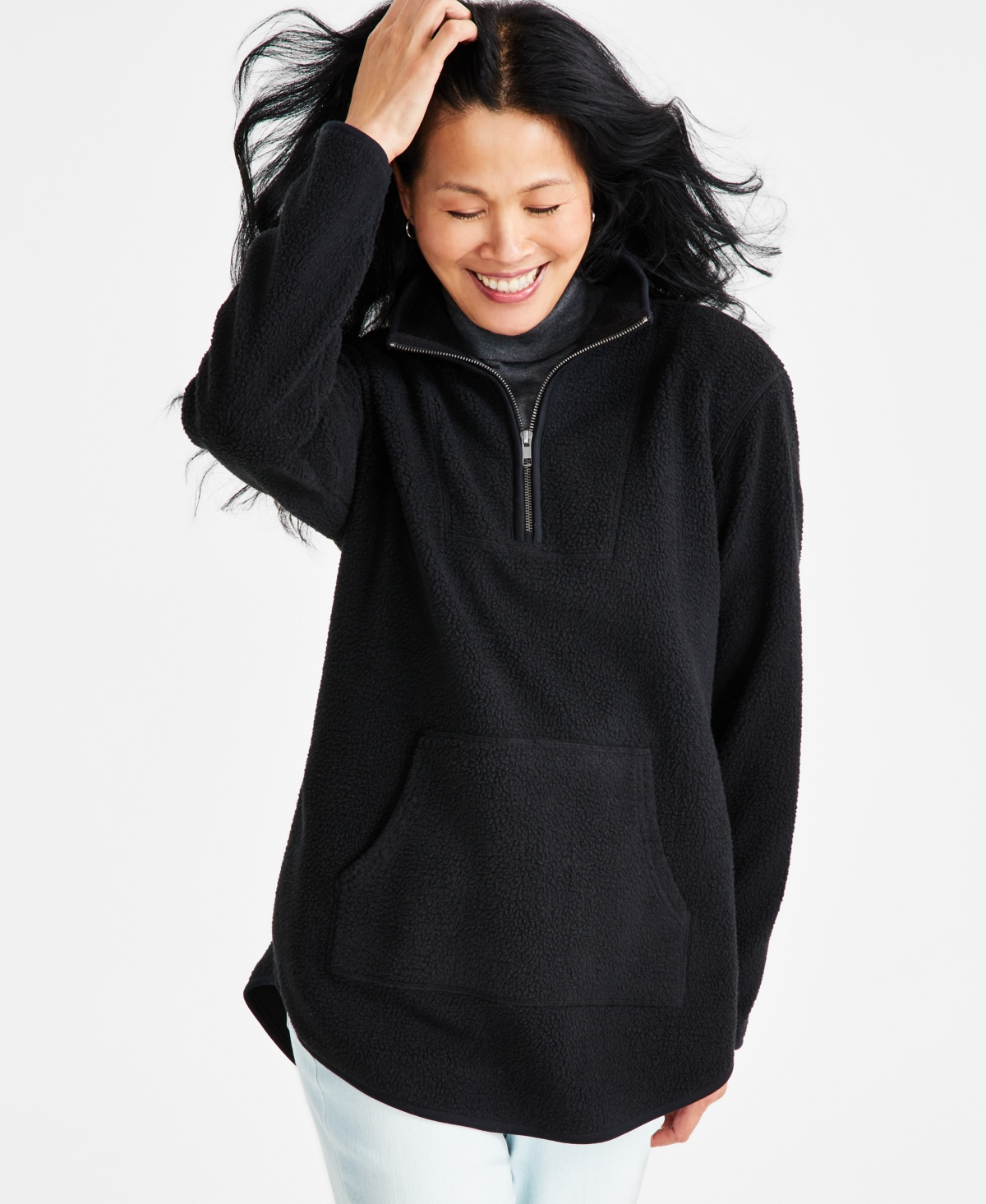 Style & Co Petite Quarter-zip Sherpa Pullover Sweatshirt, Created For Macy's In Deep Black