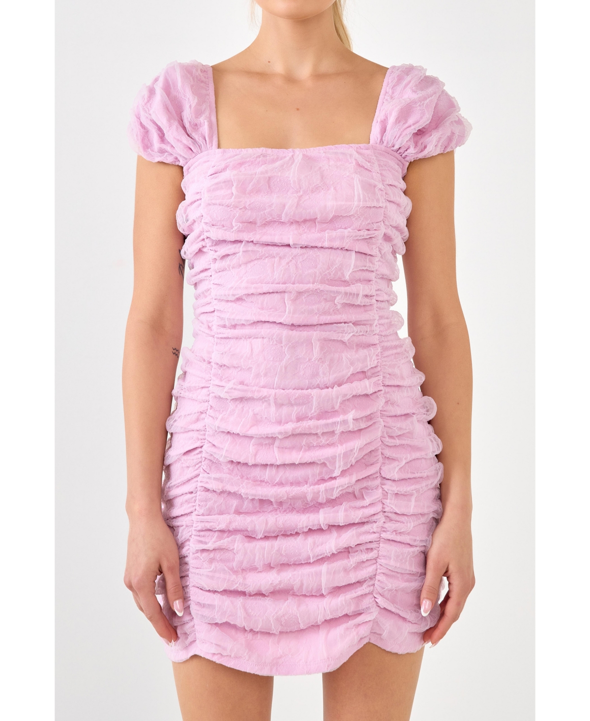 Women's Ruched Mini Dress with Cap Sleeves - Lilac