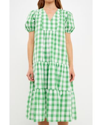 knee length dresses for ladies Gingham Check Combination Midi Dress  English Factory