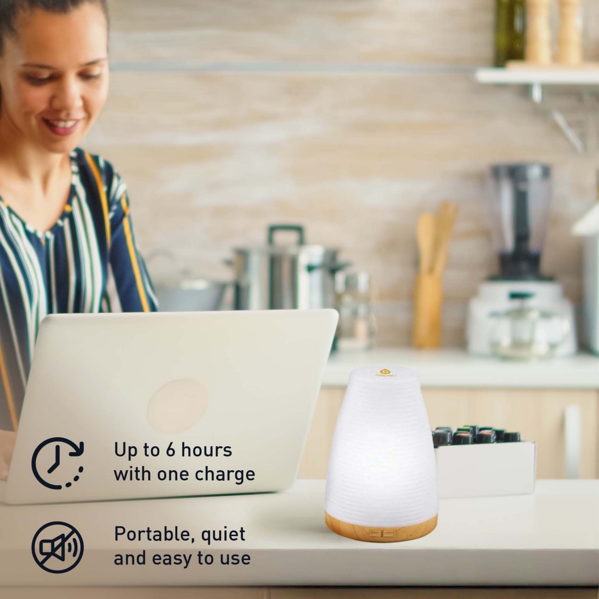 Pursonic Aromatherapy Usb Diffuser & Essential Oil Set- Top 3 Oils with 2 Mist Settings Changing Ambient Light Settings - White  bamboo color
