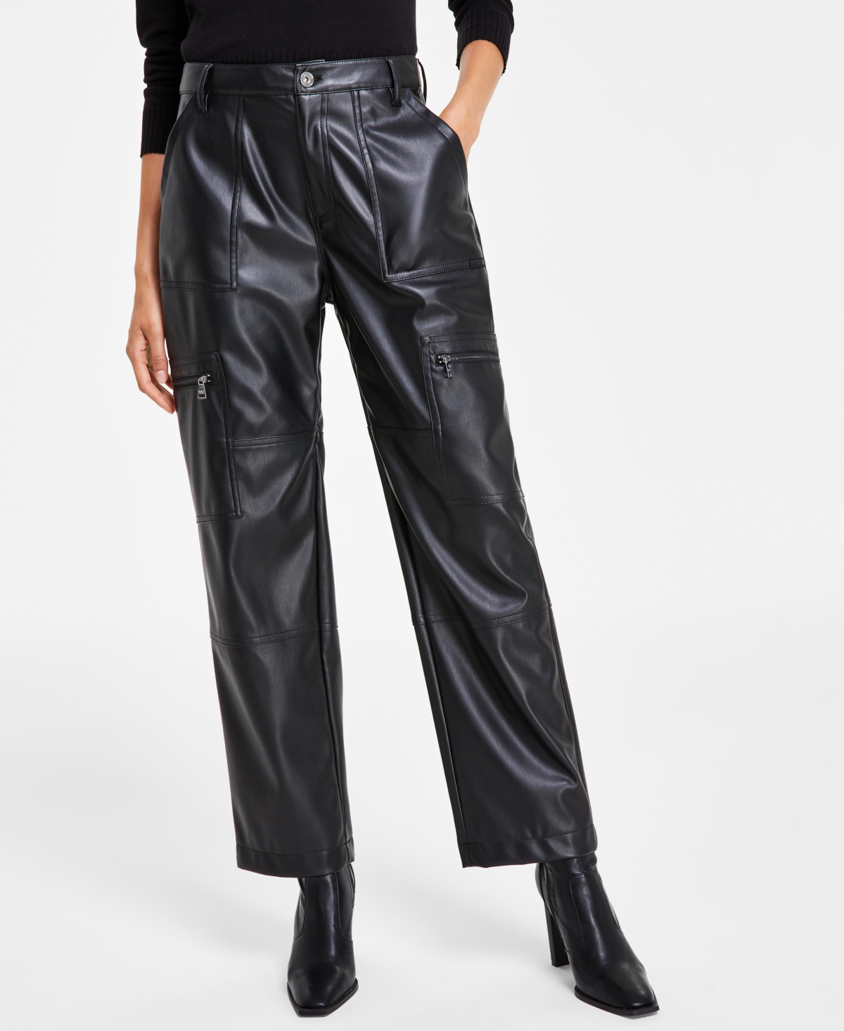 Women's Faux-Leather High-Rise Cargo Pants - Black
