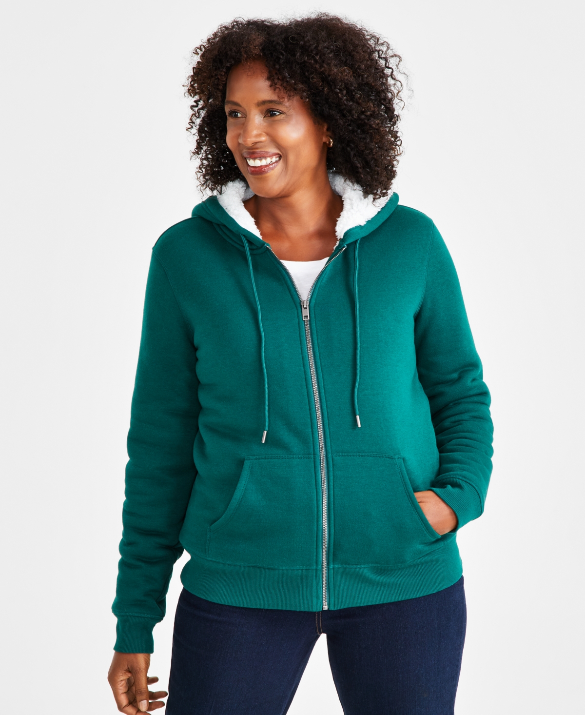 Style & Co Women's Sherpa Lined Zip-up Hoodie, Created For Macy's In True Emerald