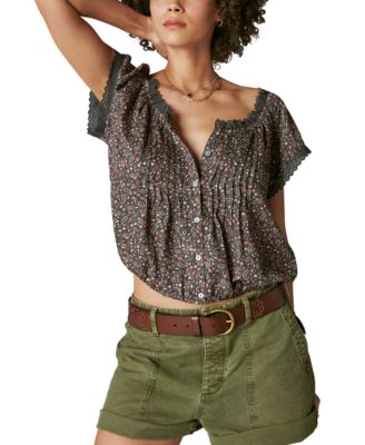Lucky Brand - Women's Printed Button-Front Peasant Top